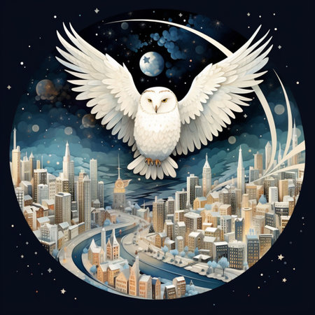 Cute white owl flying over christmas snowy illustration AI Generated Imageの素材