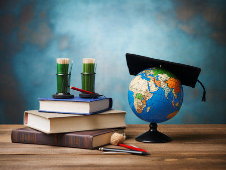 Education books graduation cap globe surrounded picture AI Generated Imageの素材