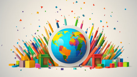 Education supplies globe surrounded pencils images AI Generated Imageの素材