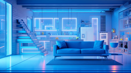 Futuristic modern blue lighting living room neon interior design AI Generated Imageの素材