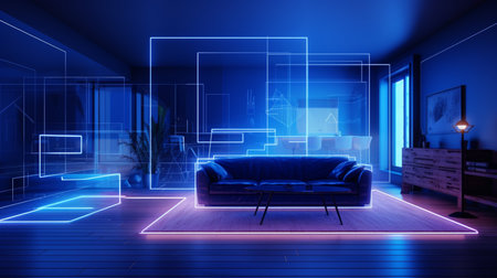 Futuristic modern blue lighting living room neon interior design AI Generated Imageの素材