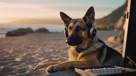 German shepherd dog lying on bed with laptop picture AI Generated artの素材