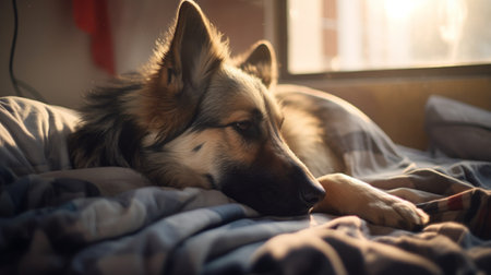 German shepherd dog lying on bed with laptop picture AI Generated artの素材