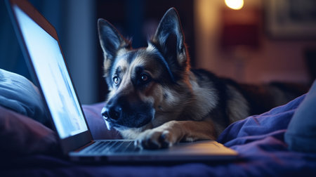 German shepherd dog lying on bed with laptop picture AI Generated artの素材
