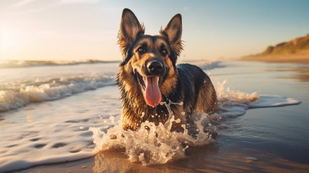 German shepherd dog running on beach wave pictures AI Generated Artの素材