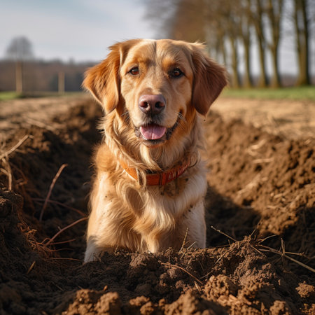 Golden retriever dog hole in the field ground picture AI Generated artの素材