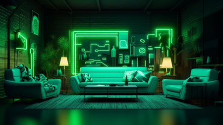 Green color luxury neon living room interior design AI Generated artの素材