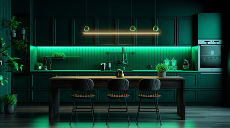 Green color modern style farmhouse kitchen interior design AI Generated Imageの素材
