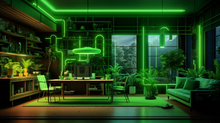 Green color modern style farm house interior design AI Generated Imageの素材