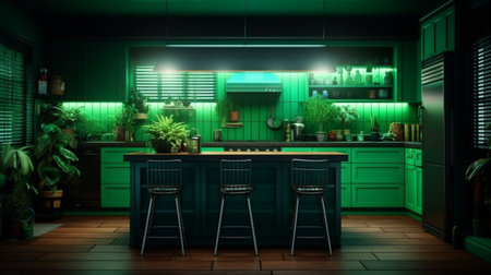 Green color modern style farmhouse kitchen interior design AI Generated Imageの素材