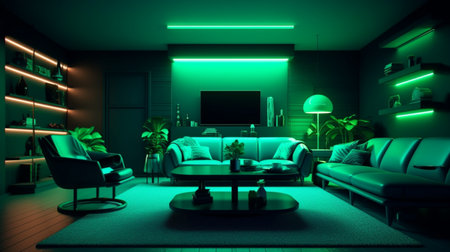 Green color modern style neon living and dining room picture AI Generated Imageの素材