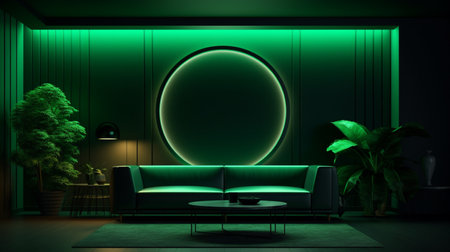 Green color luxury neon living room interior design AI Generated artの素材
