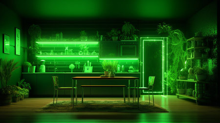 Green color modern style farm house interior design AI Generated Imageの素材