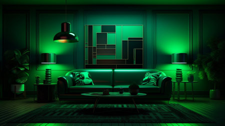 Green color luxury neon living room interior design AI Generated artの素材