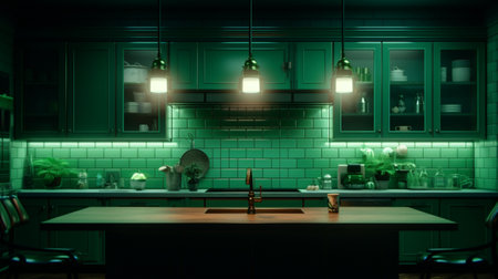 Green color modern style farmhouse kitchen interior design AI Generated Imageの素材