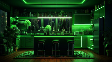 Green color modern style farmhouse kitchen interior design AI Generated Imageの素材