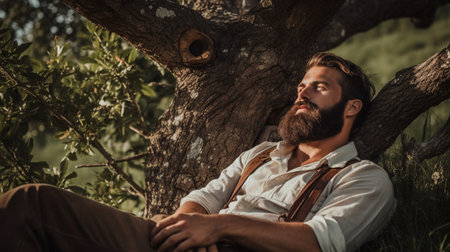 Handsome bearded man sitting under tree photography AI Generated Imageの素材