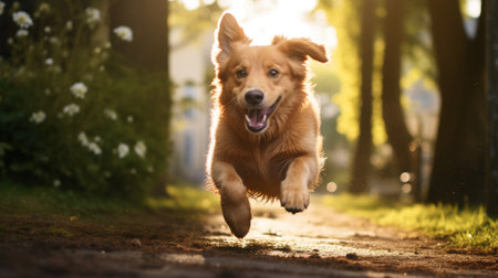 Happy dog running outside flowers garden picture AI Generated artの素材