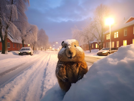 Happy groundhog winter snow street road scenery AI Generated Imageの素材