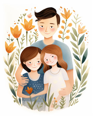 Happy lovely family mother son father floral vector illustration AI Generated Imageの素材