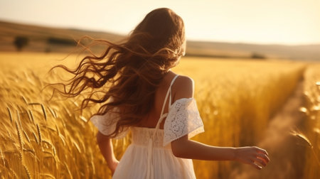 Happy young woman walking golden wheat fields wallpaper AI Generated Imageの素材