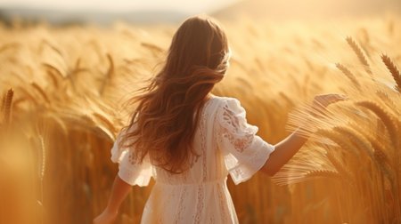 Happy young woman walking golden wheat fields wallpaper AI Generated Imageの素材