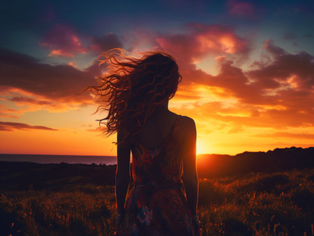 Happy woman standing on sunset field landscape wallpaper AI Generated Imageの素材