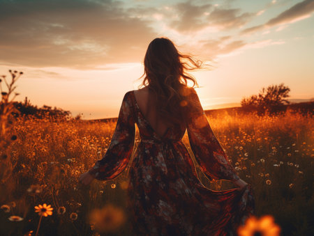 Happy woman standing on sunset field landscape wallpaper AI Generated Imageの素材