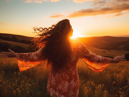 Happy woman standing on sunset field landscape wallpaper AI Generated Imageの素材
