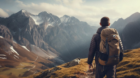 Hiking man walking trail mountain landscape picture AI Generated Imageの素材