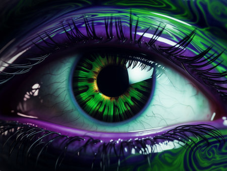 Human eye green and purple iris makeup AI Generated Imageの素材