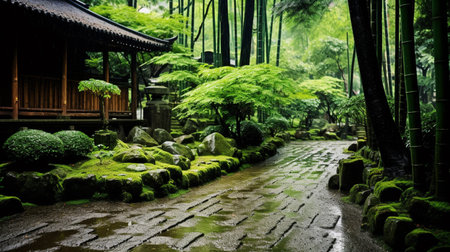 Japanese bamboo garden tropical rainforest temple picture AI Generated Imageの素材