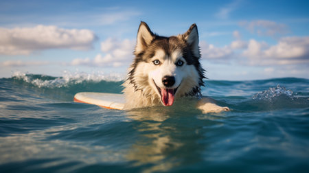 Husky dog surfing competition board on sea beach picture AI Generated artの素材