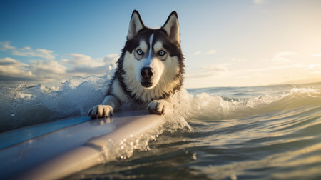 Husky dog surfing competition board on sea beach picture AI Generated artの素材