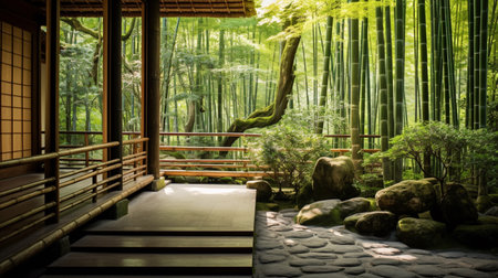 Japanese bamboo garden tropical rainforest temple picture AI Generated Imageの素材