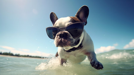 French bulldog surfing on sea beach with sunglasses pictures AI Generated artの素材