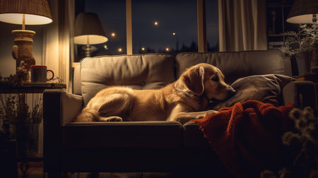 Golden retriever dog sleeping lamp light sofa picture AI Generated artの素材