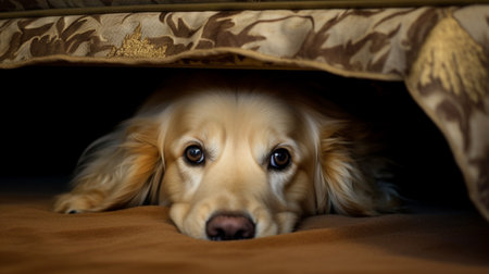Golden retriever pet dog hiding under bed picture AI Generated artの素材