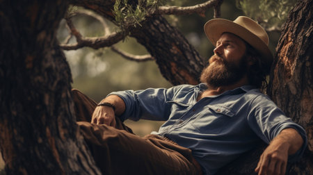Handsome bearded man sitting under tree photography AI Generated Imageの素材