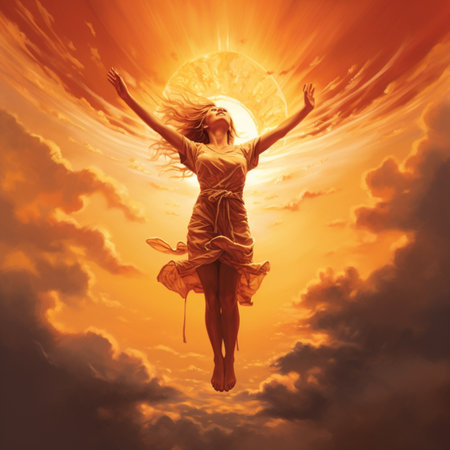 Happy joyful cute girl fantastic sunlight landscape illustration AI Generated Imageの素材