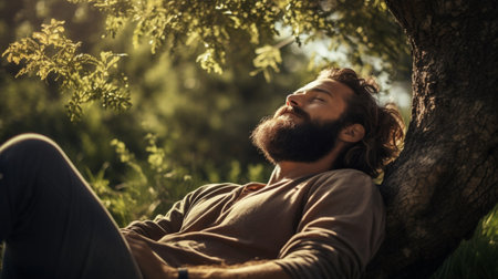 Handsome bearded man sitting under tree photography AI Generated Imageの素材