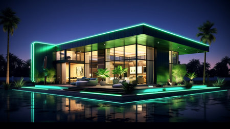 Green neon luxury house exterior villa night view picture AI Generated Imageの素材