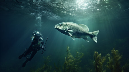 Large angler fish swimming drive underwater picture AI Generated Imageの素材