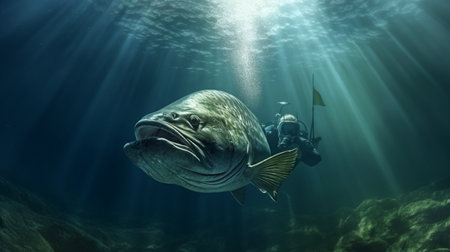 Large angler fish swimming drive underwater picture AI Generated Imageの素材