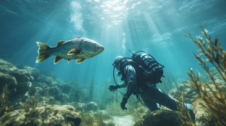 Large angler fish swimming drive underwater picture AI Generated Imageの素材
