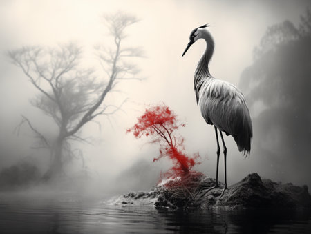 Beautiful crane bird in field water landscape winter background AI Generated Imageの素材