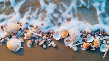 Beautiful seashells scattered beach waves wallpaper AI Generated Imageの素材
