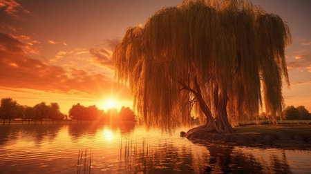 Beautiful sunset water over lake reflection photography AI Generated Imageの素材