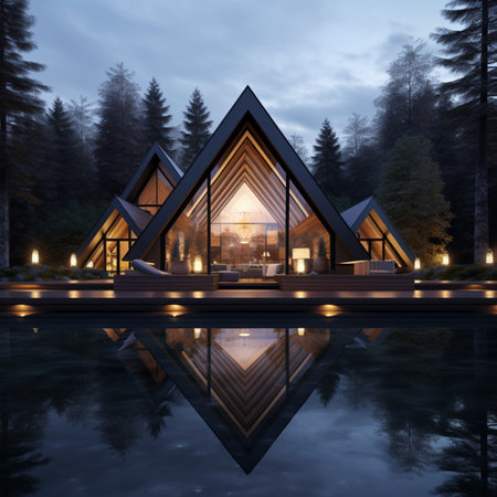 Beautiful tiny house around lake reflection picture AI Generated Imageの素材