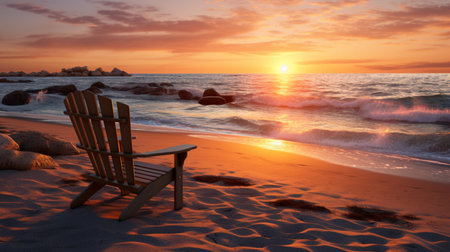 Beautiful relaxing sunset beach with two chair set up wallpaper image Ai generated artの素材